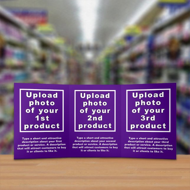 Carte triple pourpre pour produits d'affaires (Attract more customers. Your business products on purple trifold card.)
