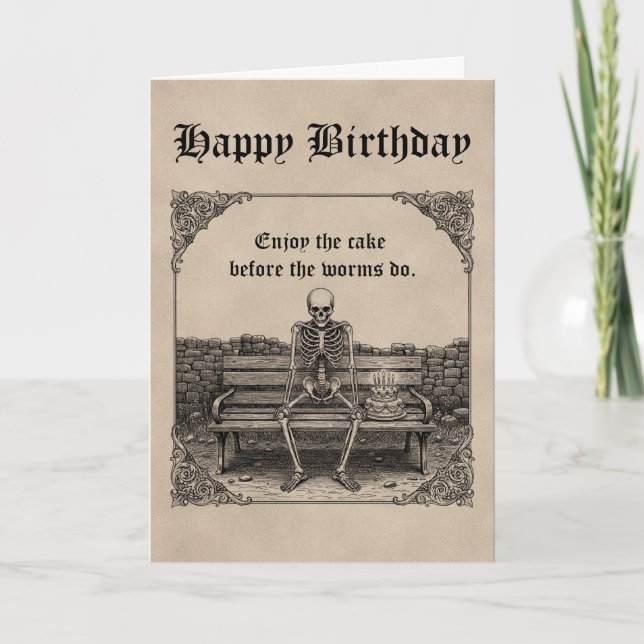 Carte Triste squelette sur banc drôle Gothique Anniversa (Devant)