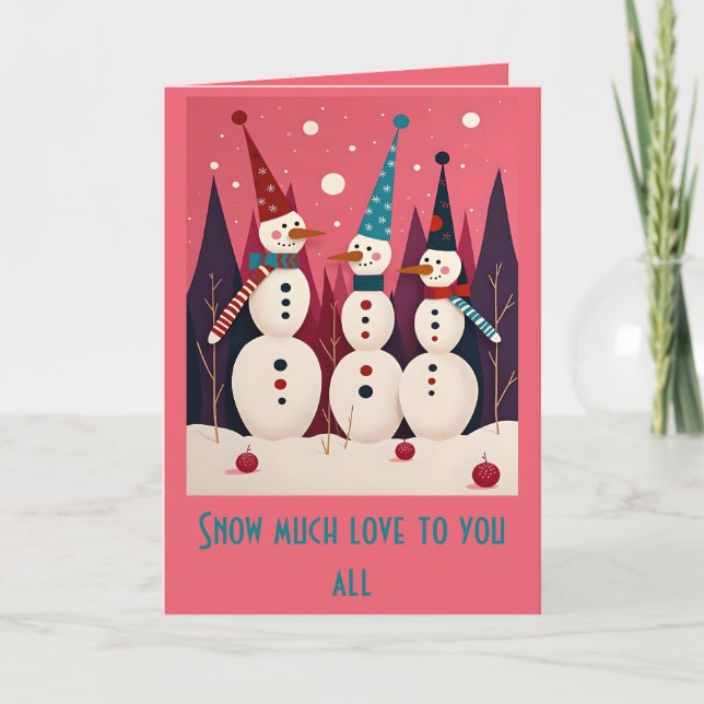 Carte Trois bonshommes de neige thème rose Kitschmas (Devant)