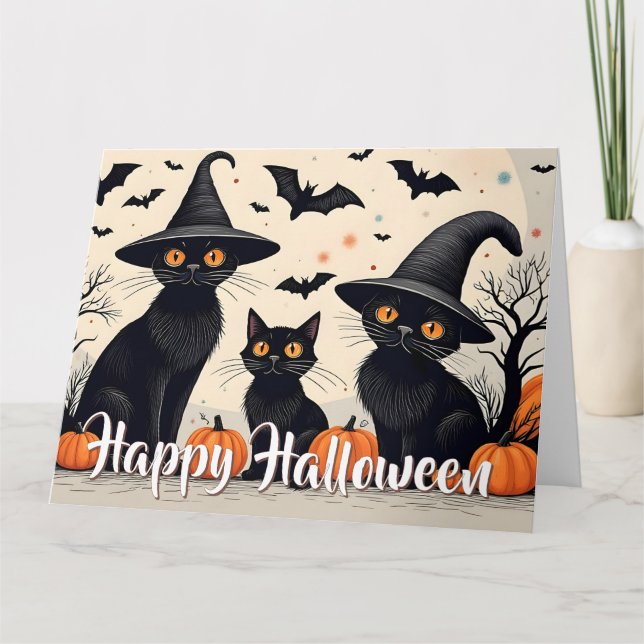 Carte Trois chats noirs avec Casquettes à l'Halloween (Devant)