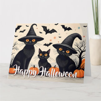 Carte Trois chats noirs avec Casquettes à l'Halloween