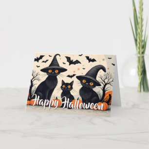 Carte Trois chats noirs avec des chapeaux pour Halloween