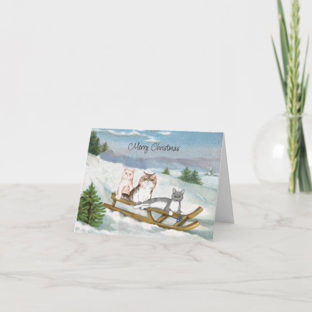 Carte Trois chats sur une scène hivernale en traîneau Ca (Devant)