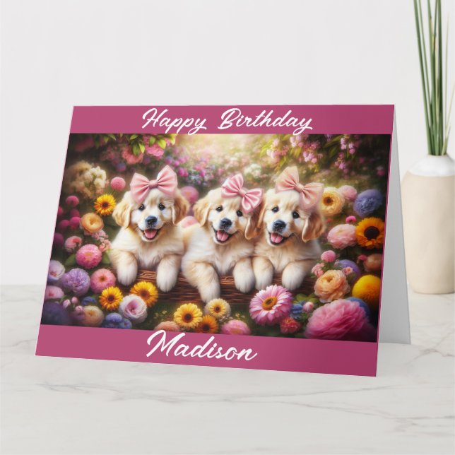 Carte Trois chiots Golden Retriever avec des fleurs (Devant)