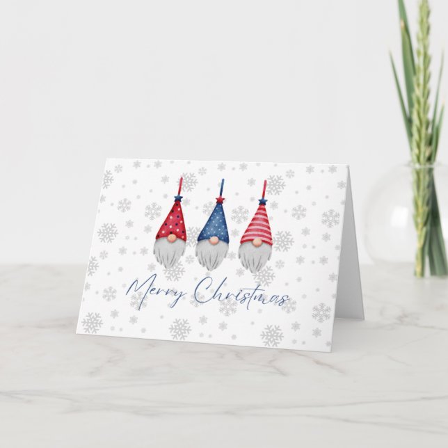 Carte Trois Gnomes Bleus Rouges Joyeux Snowflakes Noël (Devant)