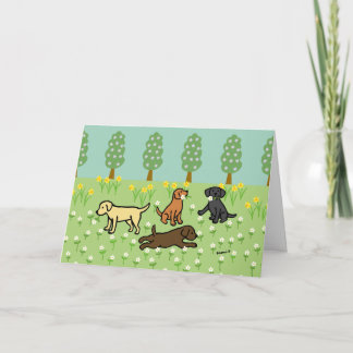 Carte Trois Labradors avec des fleurs de printemps