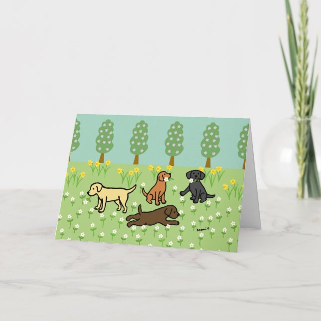 Carte Trois Labradors avec des fleurs de printemps (Devant)