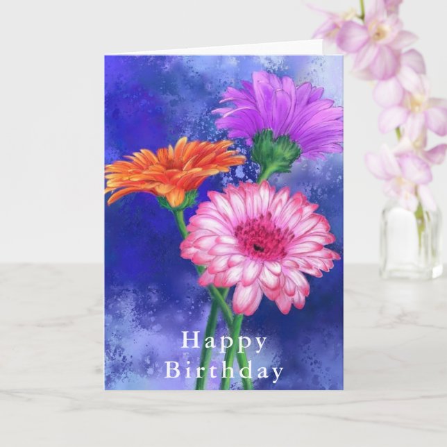 Carte Trois magnifiques Gerberas couleur - Joyeux annive (Orchidée)