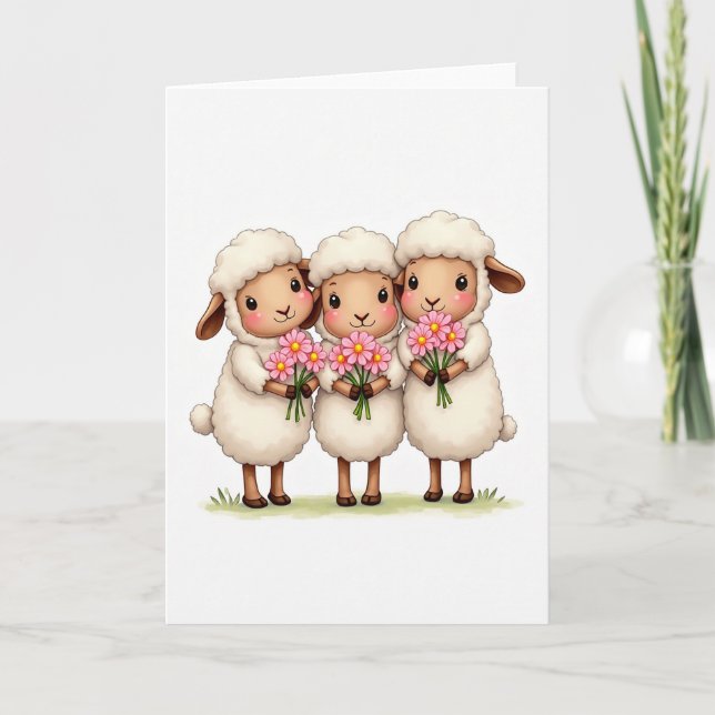 Carte Trois Moutons Avec Fleurs (Devant)