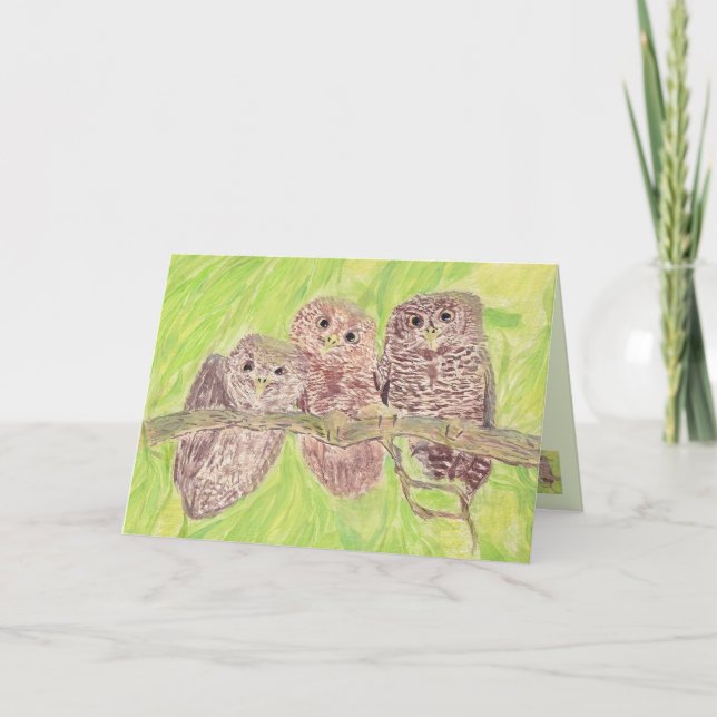 Carte Trois Petites Chouettes - peinture acrylique. (Devant)