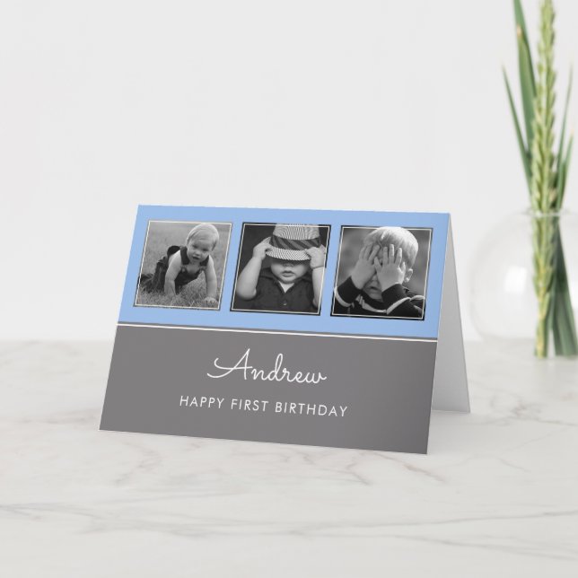 Carte Trois premiers photos d'anniversaire Collage bleu (Devant)