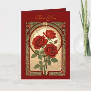 Carte Trois roses rouges profondes de style Art nouveau