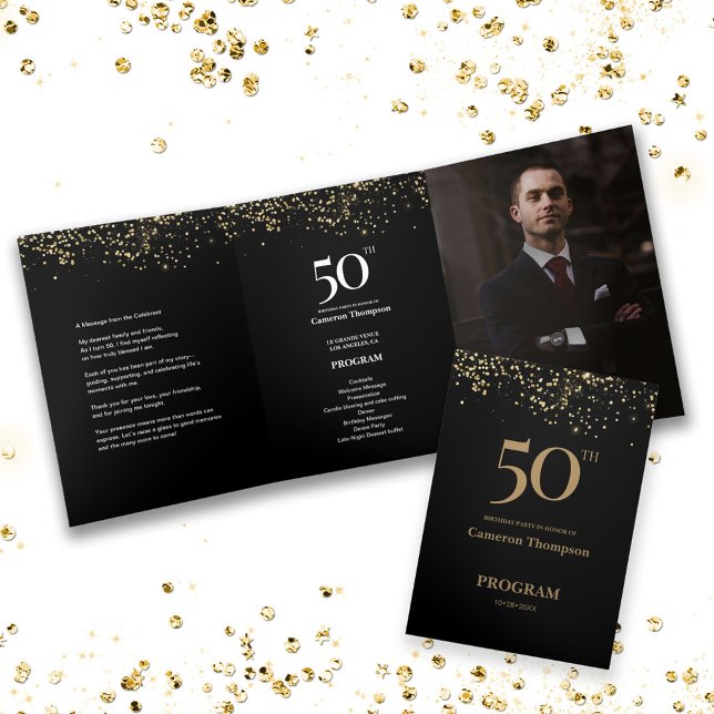 Carte Trois Volets 50 and fabulous Male Birthday Program with photo (Custom 50th birthday program trifold with message, schedule and photo keepsake.)
