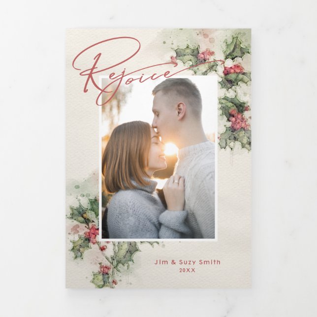 Carte Trois Volets Aquarelle artistique Holly Rejoice Script & Photo (Page de couverture)