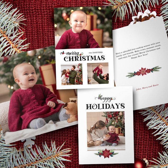 Carte Trois Volets Aquarelle Floral Joyeux Noël Script 3-Photo (Créateur téléchargé)