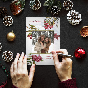 Carte Trois Volets Aquarelle rouge Baies d'hiver en photo neige