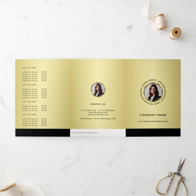 Carte Trois Volets Black & gold design, Logo or Photo, Price List  (Extérieur)