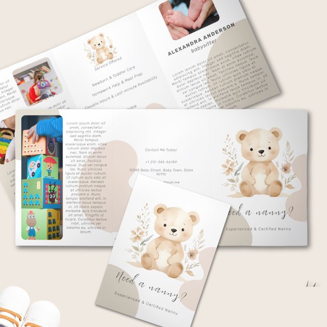 Carte Trois Volets Boho Bear Watercolor Babysitter Service (Boho Bear Watercolor Babysitter Service Tri-Fold Card)