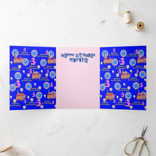 Carte Trois Volets Bonne 3e carte d'anniversaire, #3 Bleu d'anniversa (Intérieur)