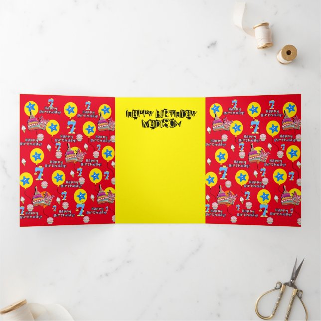 Carte Trois Volets Bonne 7e carte d'anniversaire, #7 rouge et jaune (Intérieur)