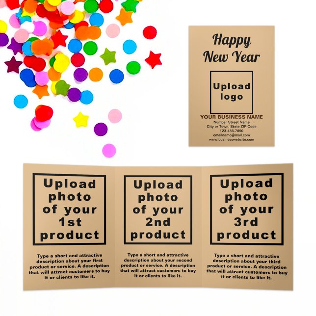 Carte Trois Volets Carte triangulaire Brown pour le Nouvel An (New Year greeting, business brand and products on light brown trifold card)