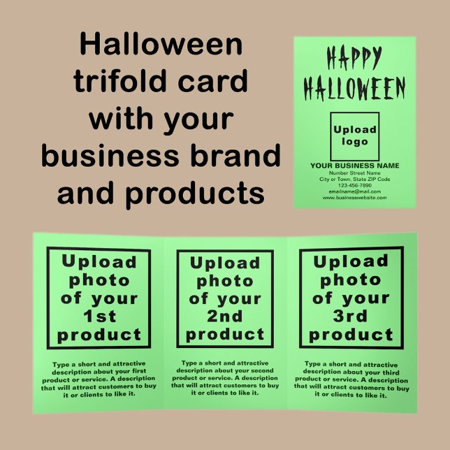 Carte Trois Volets Carte triangulaire verte d'Halloween d'affaires (Halloween light green trifold card with your business brand and products or services.)