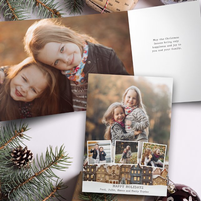 Carte Trois Volets Collage à quatre photos du village d'hiver de Snow (Créateur téléchargé)