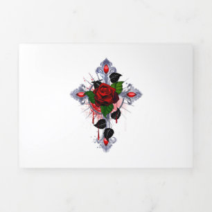 Carte Trois Volets Croix d'argent avec une rose rouge