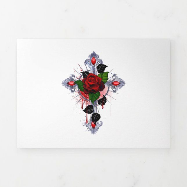Carte Trois Volets Croix d'argent avec une rose rouge (Page de couverture)