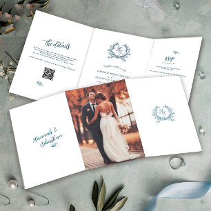 Carte Trois Volets Détail de mariage RSVP avec code QR photo bleu pou
