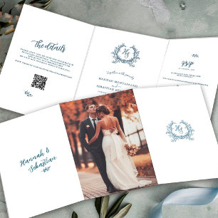 Carte Trois Volets Détail de mariage RSVP avec code QR photo bleu pou