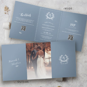Carte Trois Volets Détails de mariage QR Code RSVP Photo Bleu Formel
