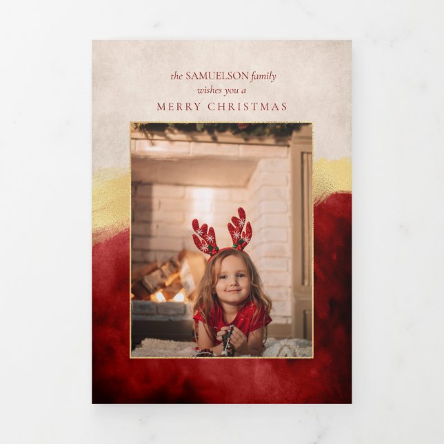 Carte Trois Volets Élégant Artisan Rouge avec pinceau or photo (Page de couverture)