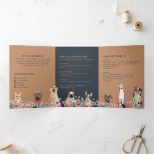 Carte Trois Volets Élégant Soins pour Animaux Floral Navy Beige