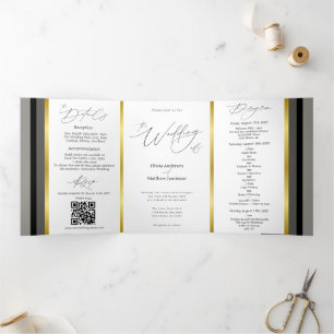 Carte Trois Volets Élégante Typographie de Mariage Rayure Noir Gris O