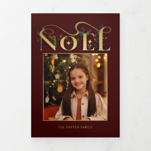 Carte Trois Volets Élégante typographie florale Noel or