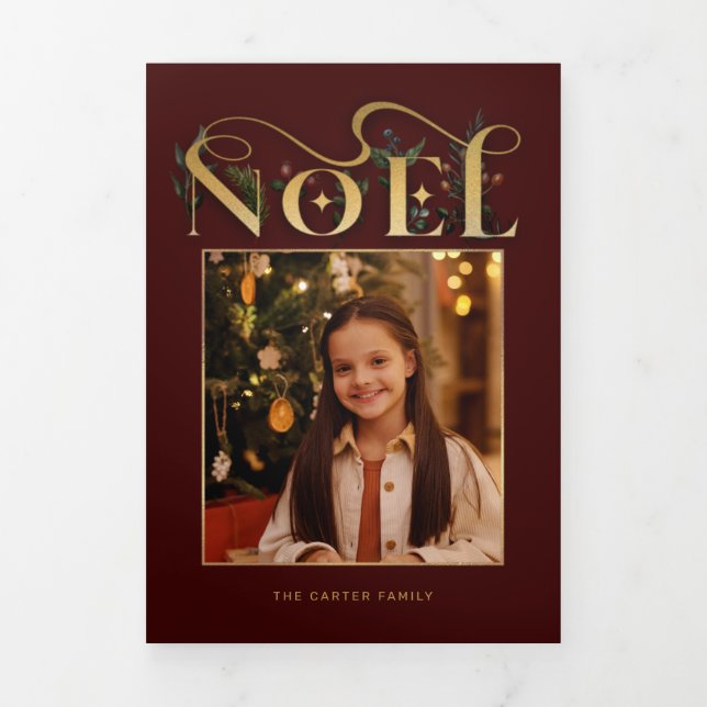 Carte Trois Volets Élégante typographie florale Noel or (Page de couverture)