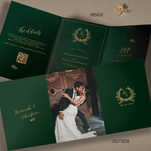 Carte Trois Volets Emerald & Gold Monogram Photo QR Code RSVP Détails