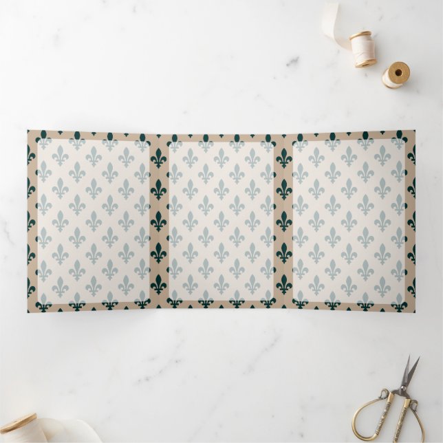 Carte Trois Volets Fleur de Lis Motif, Français, Royal, Vert (Intérieur)