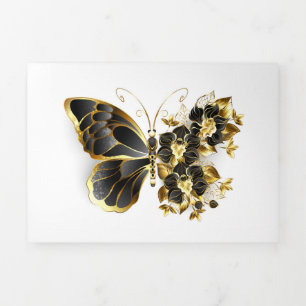 Carte Trois Volets Gold flower Butterfly with Black Orchid