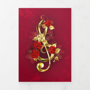 Carte Trois Volets Golden Treble Clef avec fleurs Roses