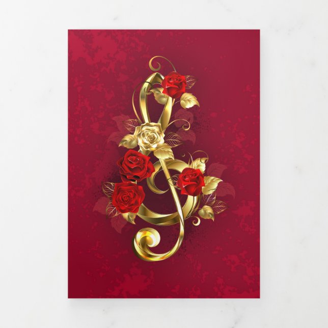 Carte Trois Volets Golden Treble Clef avec fleurs Roses (Page de couverture)