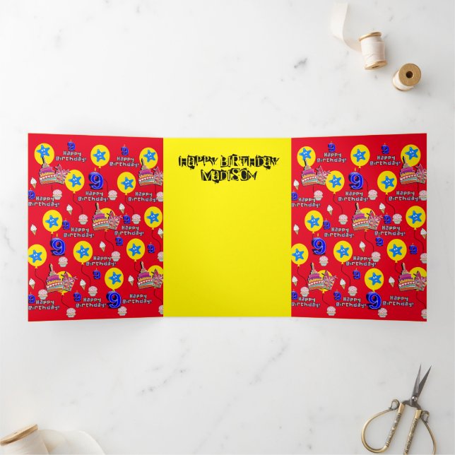 Carte Trois Volets Joyeuse 9e carte d'anniversaire, #9 rouge et jaune (Intérieur)