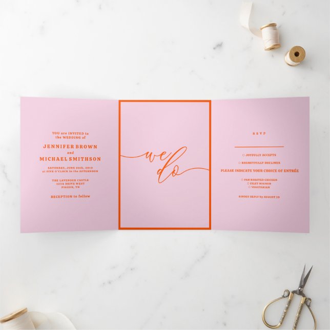 Carte Trois Volets Mariage Moderne rose orange Rétro (Intérieur)