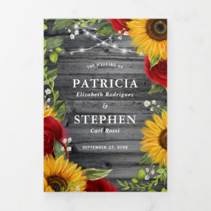 Carte Trois Volets Mariage photo Rustique Tournesol Bourgogne Rouge R