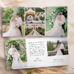 Carte Trois Volets Merci manuscrit avec photos Mariages<br><div class="desc">Carte de remerciements photo Mariage à double pli avec typographie de style manuscrite. Le modèle est mis en place pour vous d'ajouter 7 photos mariages, votre message de remerciement, le nom de la mariée et du marié, la date et l'emplacement du mariage. Vos photos sont affichées en formats portrait et...</div>