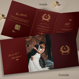 Carte Trois Volets Monogramme or Bourgogne Photo QR   Mariage RSVP