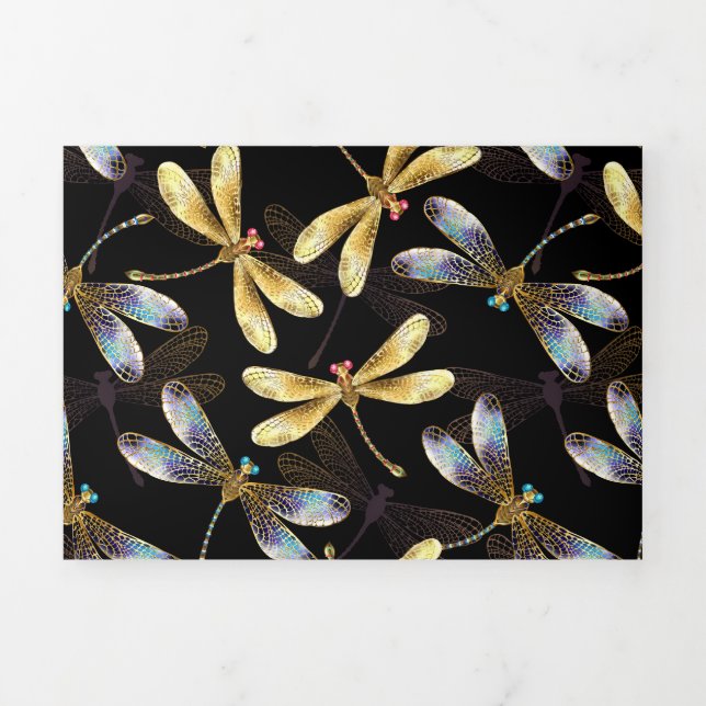 Carte Trois Volets Motif sans couture avec libellules d'or (Page de couverture)