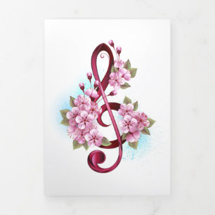 Carte Trois Volets Musical treble clef notes with sakura flowers