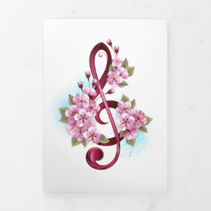 Carte Trois Volets Musical treble clef notes with sakura flowers